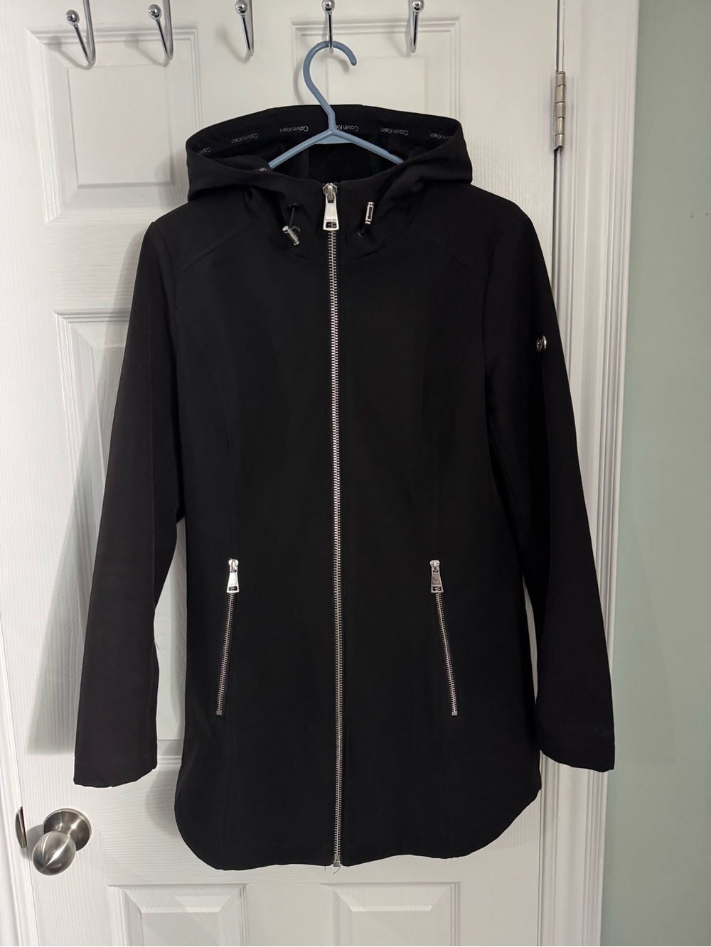 Calvin Klein Black Hooded Trench Coat with Silver Zippers